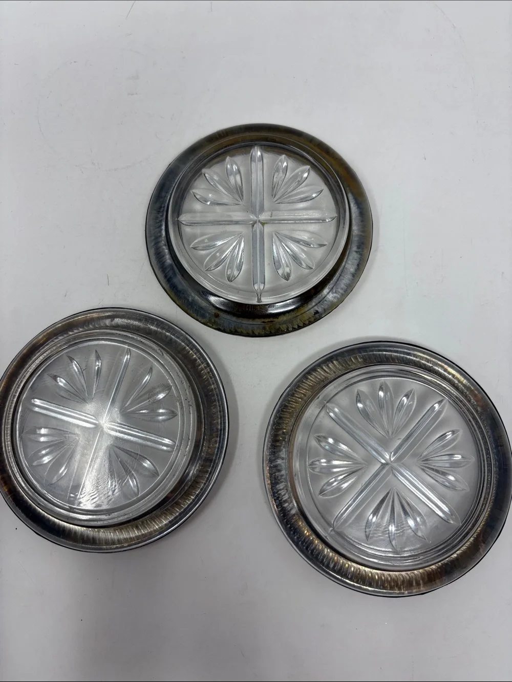 F B ROGERS Vintage Sterling Silver Rimmed Pressed Glass Set of 3 Coasters
